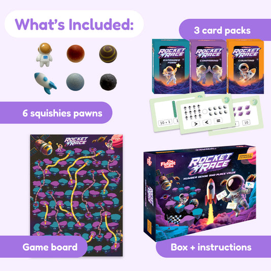 The Rocket Race Place Value Game includes six space-themed squishy pawns, three card decks, a numbered rocket-themed game board, and the boxed set.