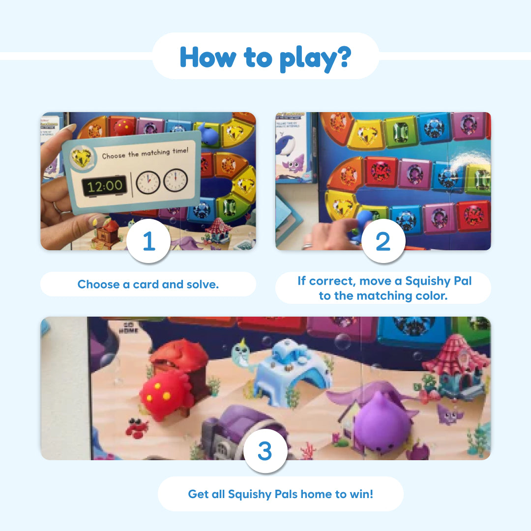 Three-step instructions for the Squishy Time Rescue Telling Time Game show a player matching cards to a game board and moving colorful character figurines to reach a goal.