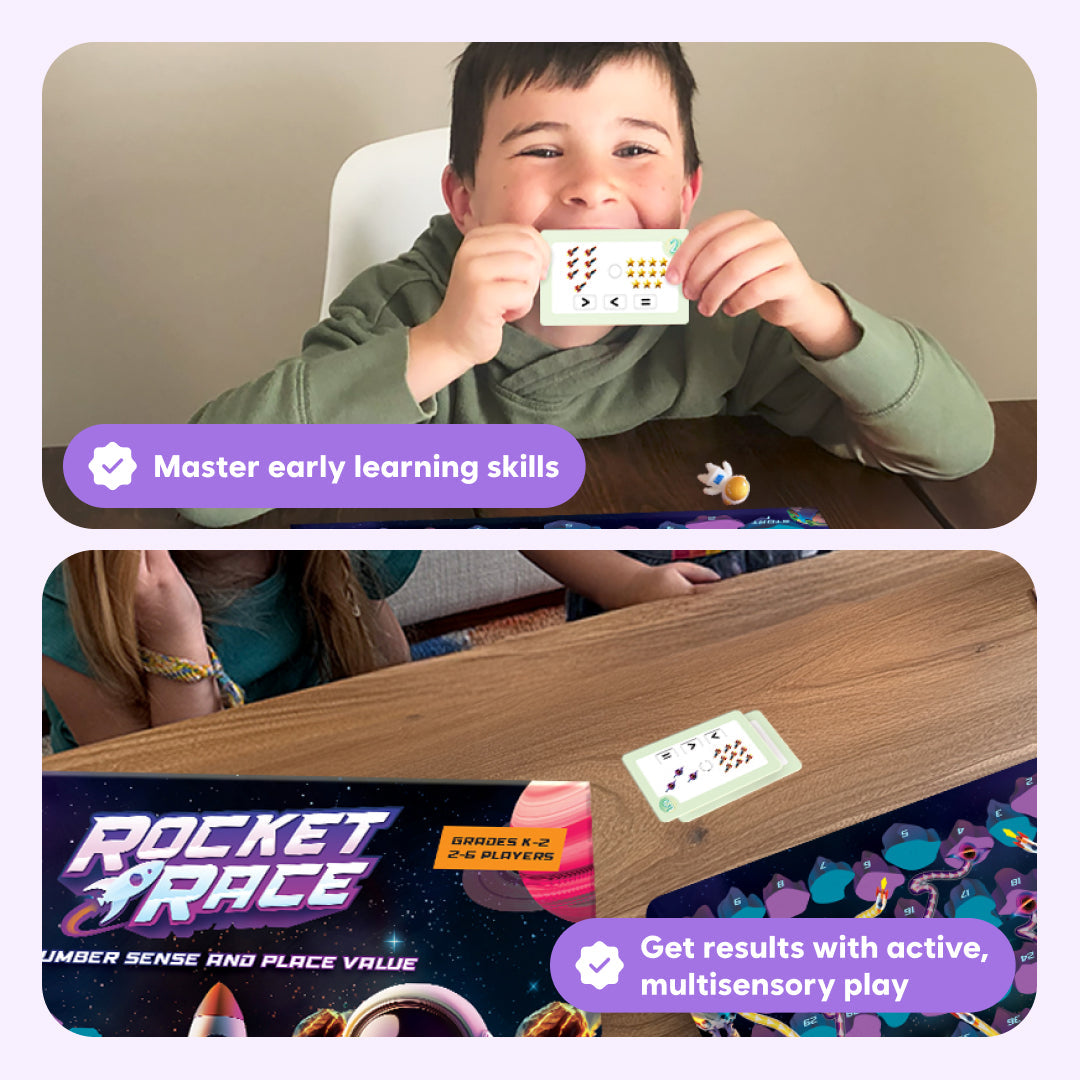 A child sits at a table playing the Rocket Race Place Value Game, holding a card that shows comparison symbols alongside other learning materials.