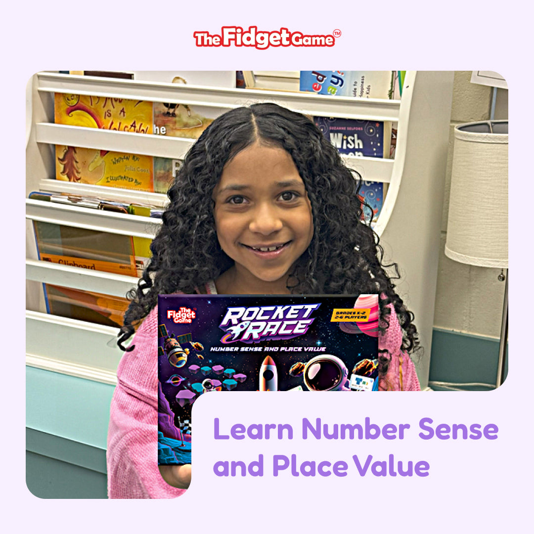 A smiling girl holds a Rocket Race Place Value Game box in front of her.