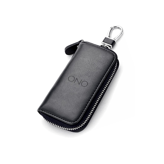 The ONO Roller Premium Keychain Case is a black leather zippered pouch with a metal clasp and embossed ONO logo, shown on a white background.