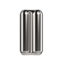 The ONO Roller Steel features two shiny, side-by-side cylindrical sections, creating a unique double-barrel shape. Made of steel, this eye-catching piece stands out as modern desk decor against a simple white background.