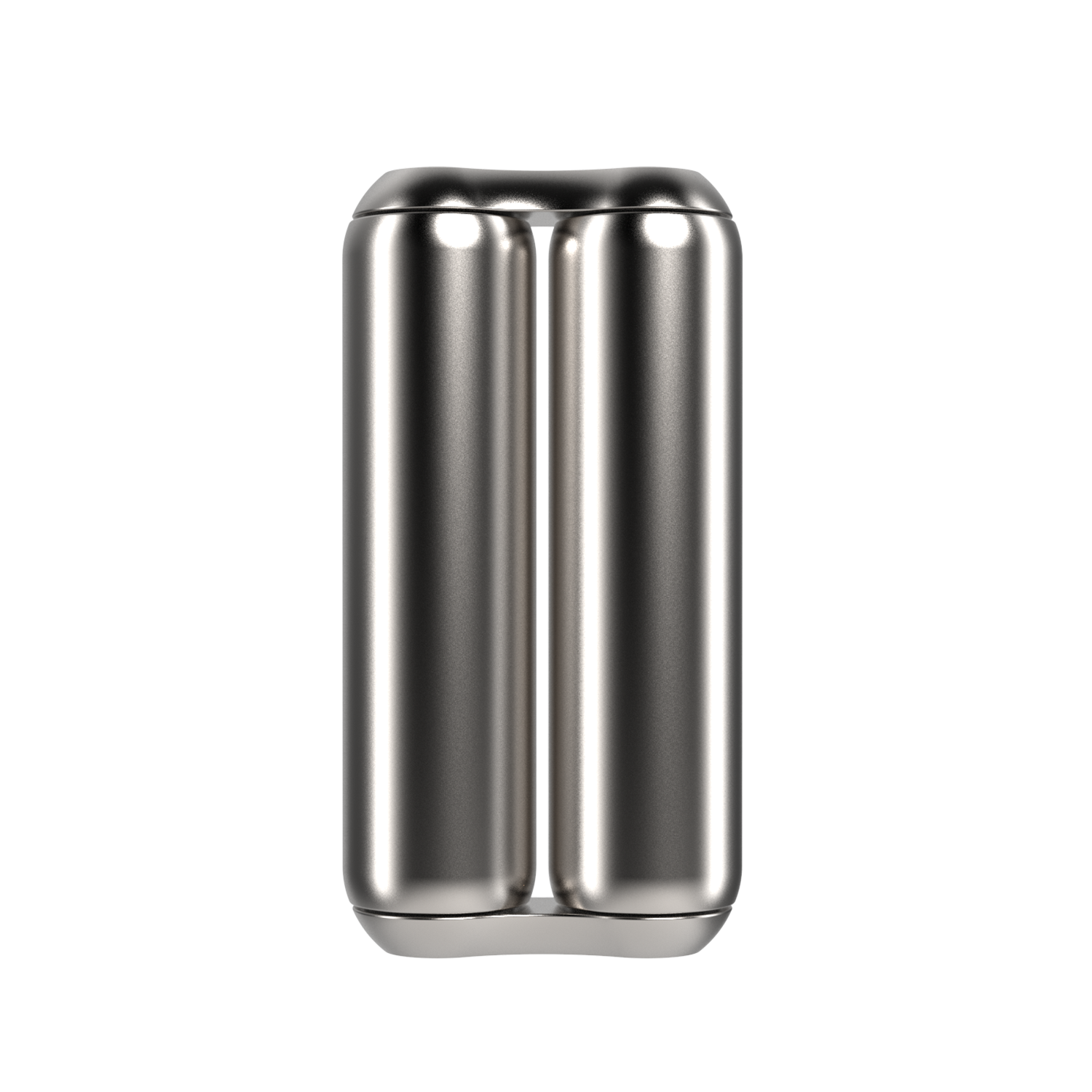 The ONO Roller Steel features two shiny, side-by-side cylindrical sections, creating a unique double-barrel shape. Made of steel, this eye-catching piece stands out as modern desk decor against a simple white background.