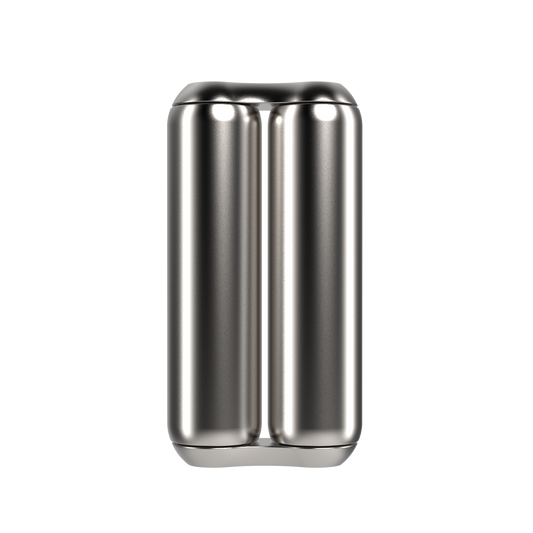 The ONO Roller Steel features two shiny, side-by-side cylindrical sections, creating a unique double-barrel shape. Made of steel, this eye-catching piece stands out as modern desk decor against a simple white background.