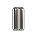 A shiny, metallic, double-barreled cylinder—likely an ONO Roller Steel fidget accessory—stands upright on a white background. Its smooth, reflective surface and seamless design make it ideal as sleek desk decor.