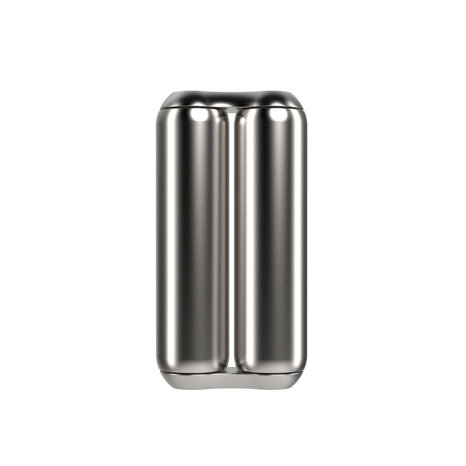 A shiny, metallic, double-barreled cylinder—likely an ONO Roller Steel fidget accessory—stands upright on a white background. Its smooth, reflective surface and seamless design make it ideal as sleek desk decor.