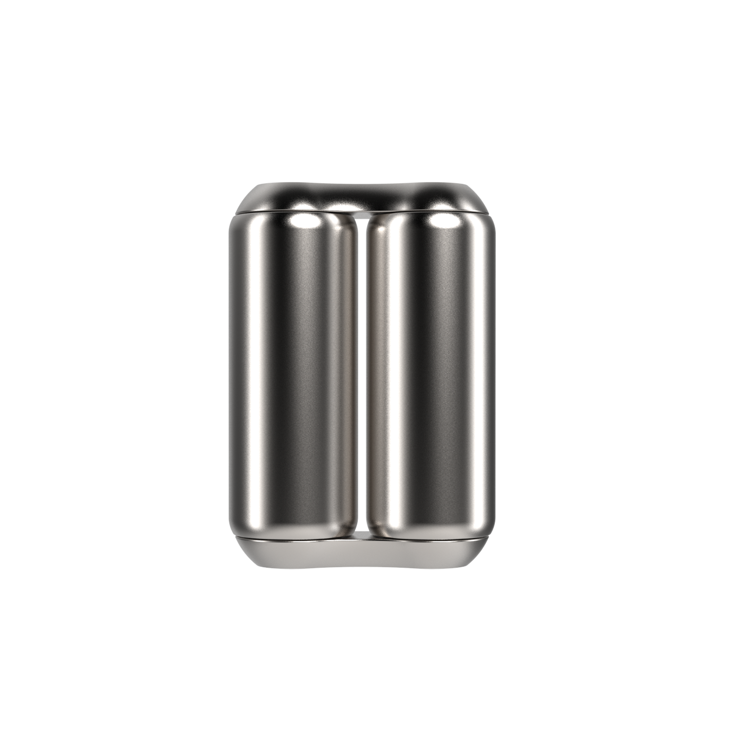 The ONO Roller Steel features two silver cylindrical steel sections fused side by side in a unique double-can design, making it an eye-catching desk decor piece or quirky fidget accessory. The product stands upright on a white background.