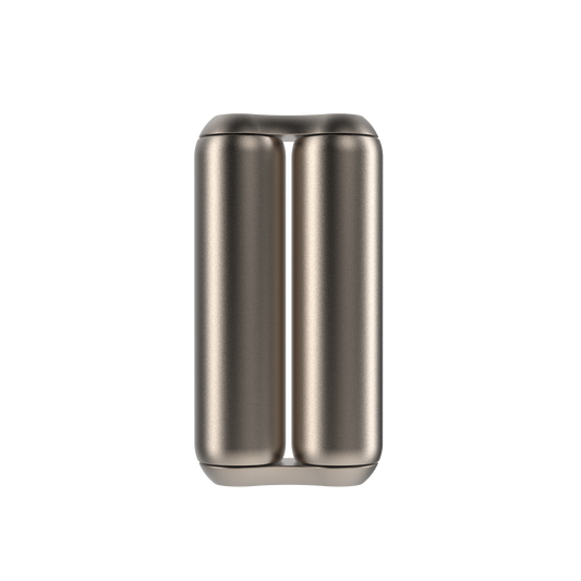 A sleek, metallic ONO Roller Titanium with two parallel rounded columns joined vertically—ideal as modern desk decor or a stylish fidget accessory.