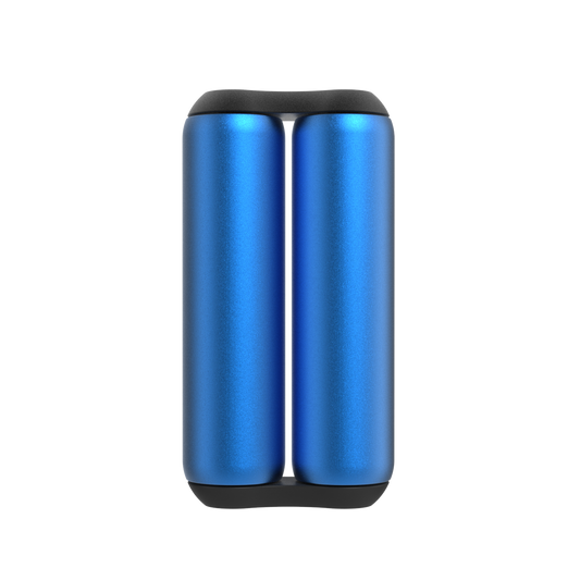 A pair of ONO Roller Aluminum fidget rollers in sapphire blue with black caps stand upright side by side against a white background—ideal for fidgeting.