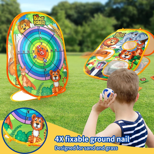 Ages 3-6 can enjoy the Animal Bean Bag Toss Game Set (random accessory color), featuring cartoon tiger and kangaroo targets. Includes 4x fixable ground nails for sand or grass—perfect for outdoor playtime, birthdays, or Christmas gifts.