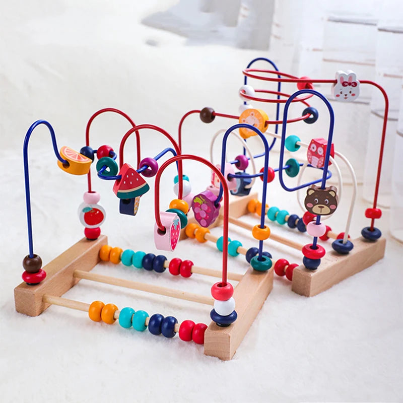 Montessori Roller Coaster Bead Maze Wooden Baby Toy Animal Fruit Style Maze Circles Around Beads Abacus Math Puzzle Toys Gifts