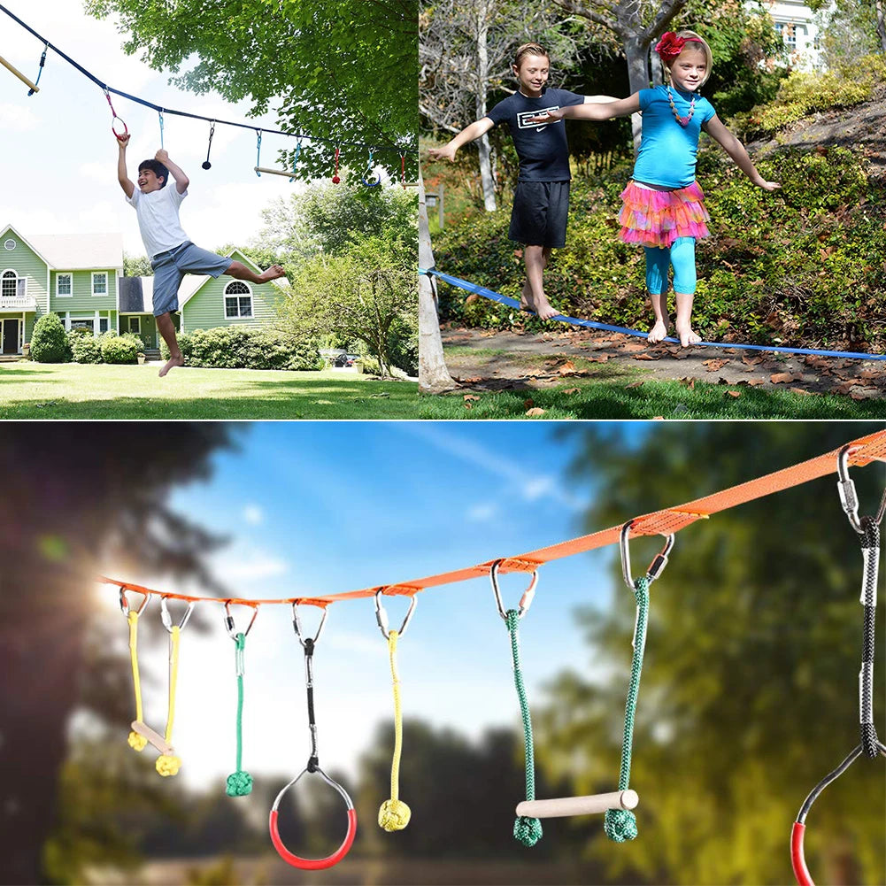 Backyard Adventure Ninja Warrior Obstacle Course Kit - 12m Slackline with Climbing Net and Hanging Challenges for Kids