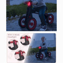 A child rides the Sliding Balance Bike—black and red, with 4 transparent silent wheels and a 3-mode headlight—at dusk, building motor skills. Inset images show always-on, flickering, and flowing light modes. Text: “With 3-Mode Headlight.”.