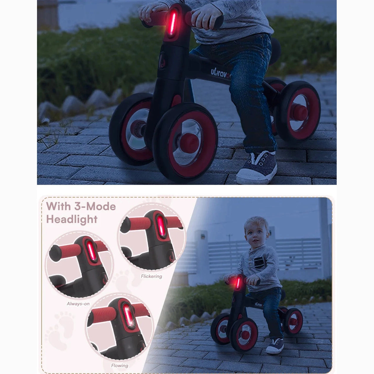 A child rides the Sliding Balance Bike—black and red, with 4 transparent silent wheels and a 3-mode headlight—at dusk, building motor skills. Inset images show always-on, flickering, and flowing light modes. Text: “With 3-Mode Headlight.”.