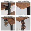 Collage of four features on the Standing Desk w/ 2 Adjustable Monitor Shelves Electric Stand Up Desk: adjustable stand, round-cornered wood edge, metal water cup holder with cup, and headphone stand with headphones.