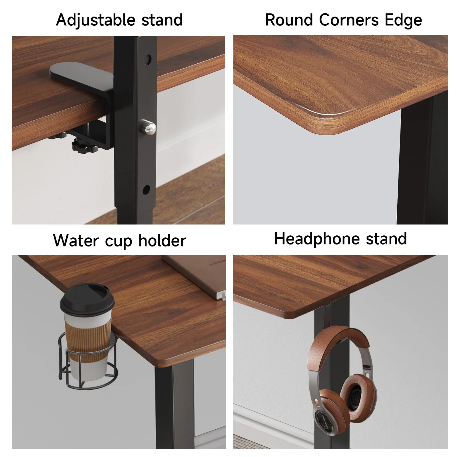 Collage of four features on the Standing Desk w/ 2 Adjustable Monitor Shelves Electric Stand Up Desk: adjustable stand, round-cornered wood edge, metal water cup holder with cup, and headphone stand with headphones.