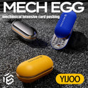 Three Mech Egg EDC Fidget Slider toys in yellow, blue, and metallic silver are displayed on a black textured surface, showcasing this metal stress relief and anti-anxiety tool by YIJOO—ideal for adults with ADHD or at the office.