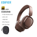 Brown Edifier ES850NB Wireless Headphones with carry bag shown. Features Hi-Res audio, noise-cancelling, Bluetooth, LDAC/AAC support, and up to 92 hours playtime.
