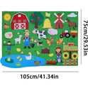 My Daily Calendar Farm Transportation Felt Story Board for Toddlers features a colorful farm scene with animals, barn, windmill, tractor, pond, and crops. Montessori-inspired and labeled in cm/inches; measures 105x75 cm. Color: Farm.