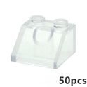 A set of MOC Transparent Bulk Bricks (1x1, 1x2, 1x4, 2x4) compatible with Lego is displayed on a white background. The 50pcs label at the corner highlights this perfect choice for expanding your clear building block collection.