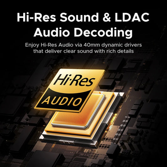 A graphic promoting Hi-Res audio and LDAC Audio Decoding, featuring the gold Hi-Res Audio logo on a microchip, highlights UGREEN Studio Pro 48dB ANC Wireless Headphones with 40mm drivers for crystal-clear sound.