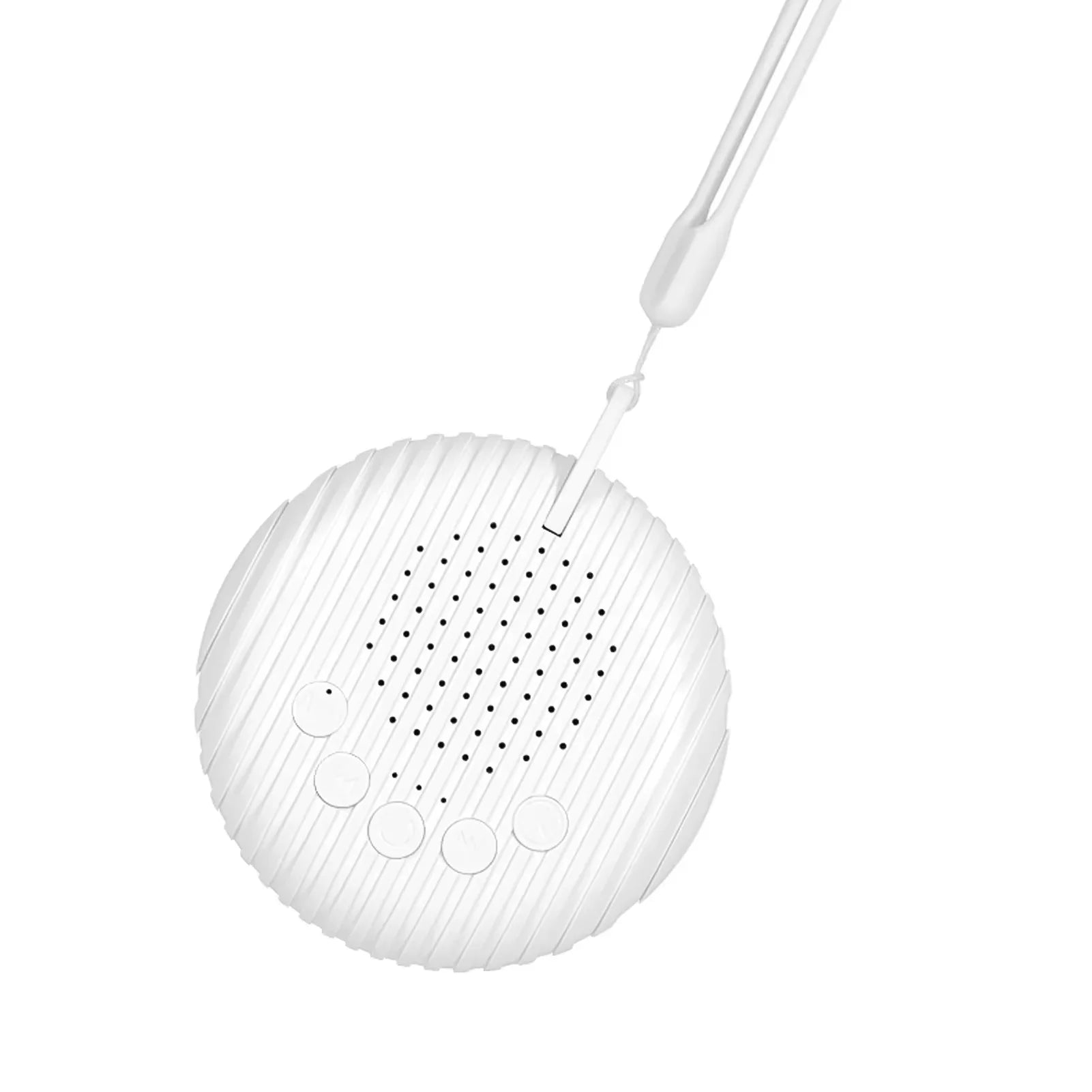The white 10 Songs White Noise Sound Machine is a portable baby sleep machine with soothing sounds, volume control, built-in rechargeable battery, and a convenient lanyard—ideal for restful sleep or relaxation.