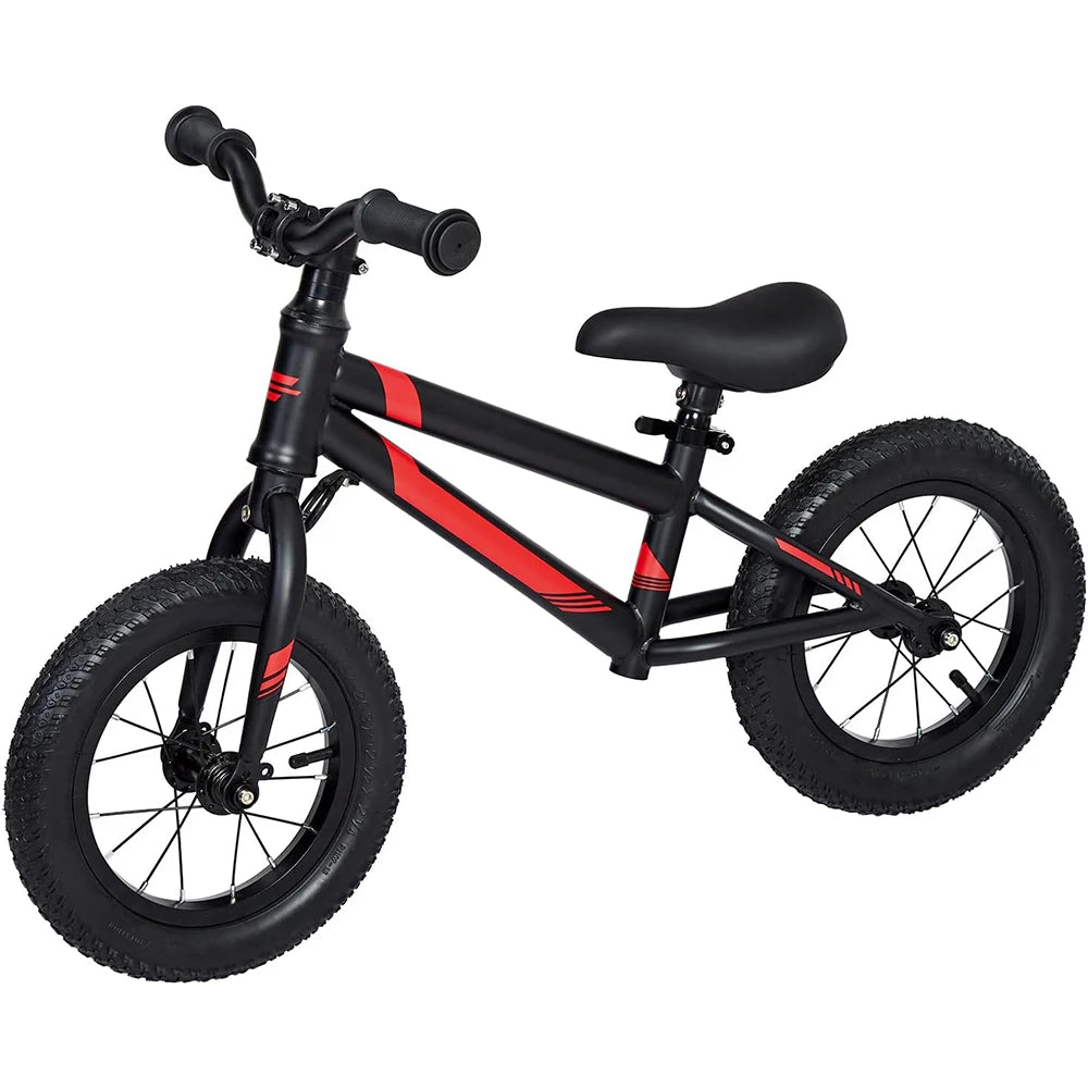 The 12 Inch Balance Bike for Kids is a black and red no-pedal toddler bike with thick tires, padded seat, adjustable seat and handlebar, and a lightweight aluminum frame—ideal for helping children build balance and motor skills.