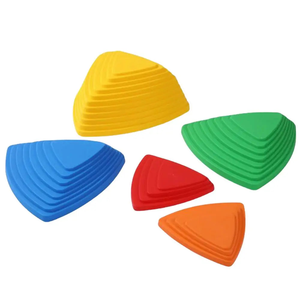 The Kids Balance River Stones are a set of five non-slip sensory toys in yellow, green, blue, red, and orange. Their ridged surfaces and layered appearance make them perfect for childrens play and fun obstacle courses.