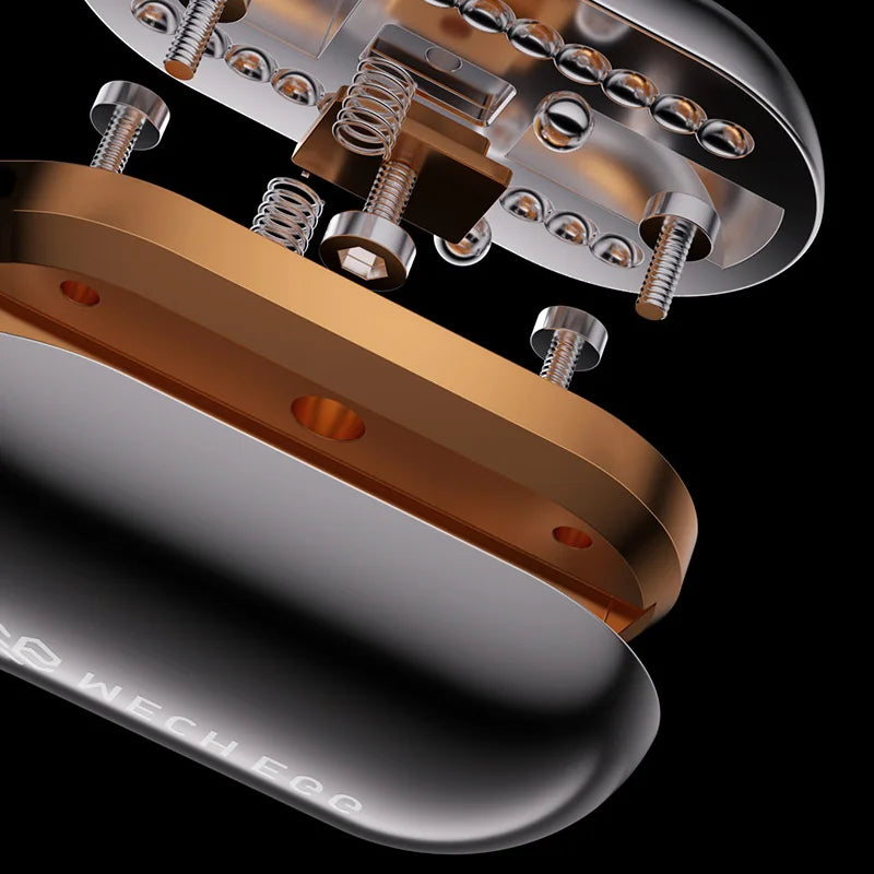 An angled close-up of the Mech Egg EDC Fidget Slider, a metallic fidget toy with springs, screws, and copper and silver parts in an exploded view on black—designed for stress relief, anxiety reduction, and ADHD focus.