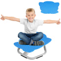 A delighted child with open arms sits cross-legged on the Playful Elephant Spin Sensory Chair in DEEP BLUE. The gray metal base ensures stability, while the elephant design inspires joy. Ideal for balance and coordination training, its more than a seat – its an adventure!.
