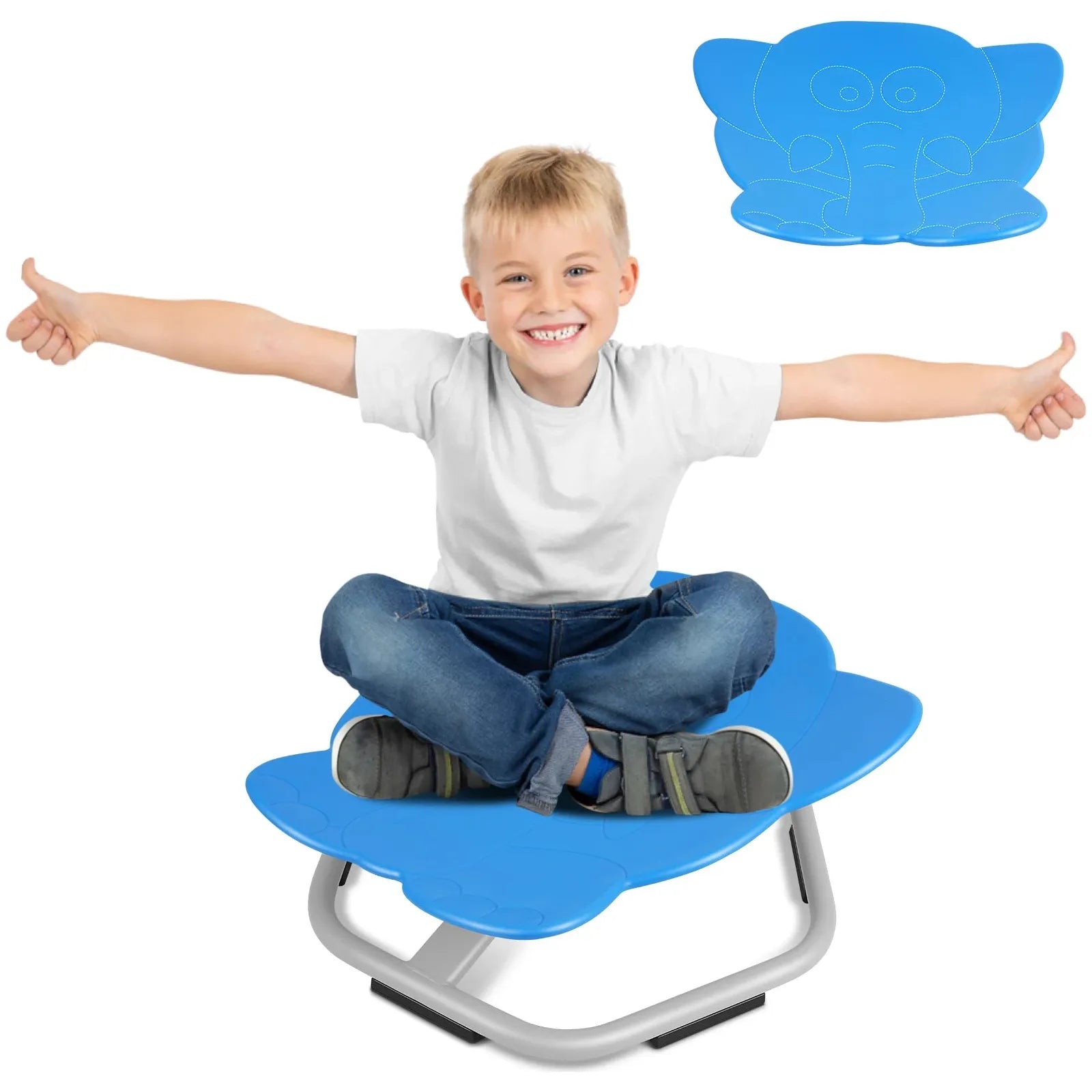 A delighted child with open arms sits cross-legged on the Playful Elephant Spin Sensory Chair in DEEP BLUE. The gray metal base ensures stability, while the elephant design inspires joy. Ideal for balance and coordination training, its more than a seat – its an adventure!.