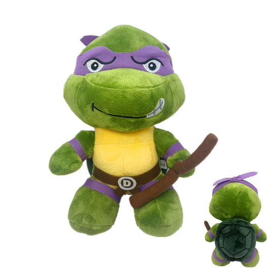 This 25cm Ninja Turtles Plush Doll features Donatello with a purple mask, yellow chest, and “D” belt buckle holding a brown staff—perfect for TMNT fans. Rear view shows his green shell and purple bandana. Great kids’ birthday gift!.