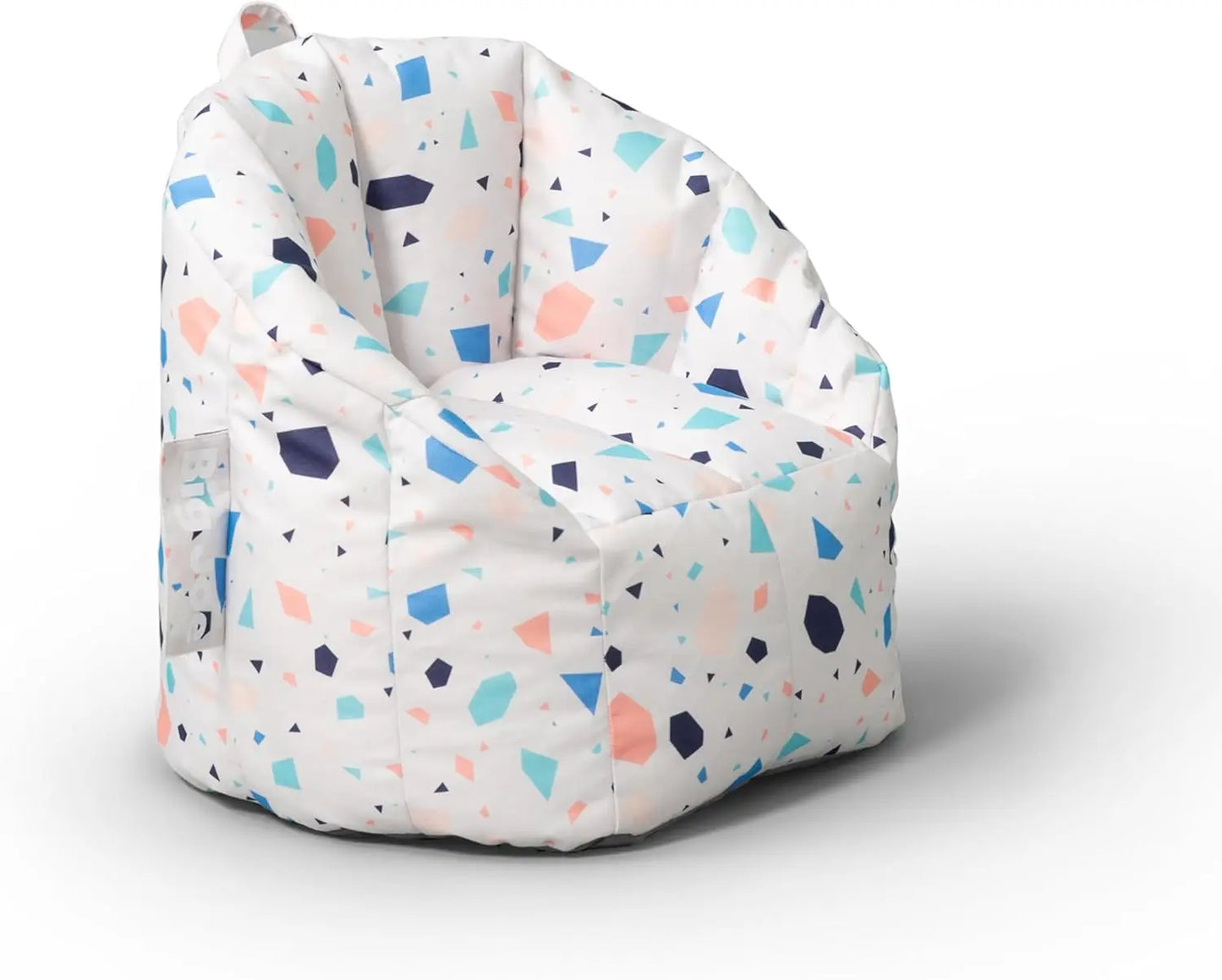 The Milano Kids Bean Bag Chair for Comfort and Fun has a high back, armrests, and a colorful geometric pattern in blue, pink, and orange shapes. Its versatile design brings both comfort and style to any playroom or bedroom.