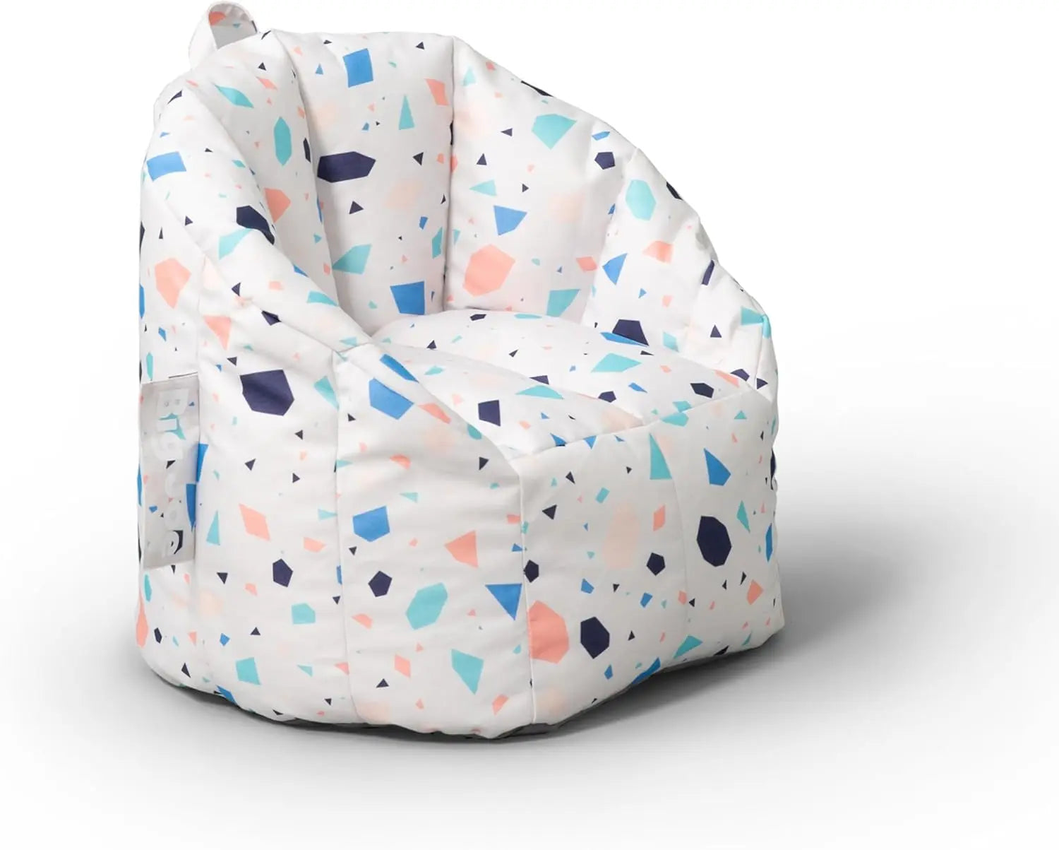 The Milano Kids Bean Bag Chair for Comfort and Fun has a high back, armrests, and a colorful geometric pattern in blue, pink, and orange shapes. Its versatile design brings both comfort and style to any playroom or bedroom.