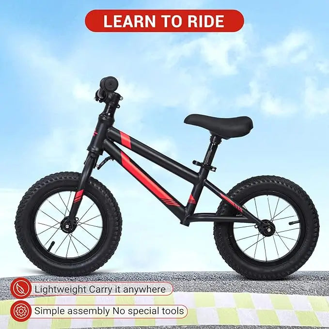 A 12 Inch Balance Bike for Kids in BLACK is shown against a blue sky. LEARN TO RIDE appears above, with icons below highlighting its lightweight aluminum frame and tool-free adjustable seat and handlebar.