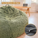 A large green Faux Fur Comfy Bean Bag Cover serves as a plush seat in a sunlit room with a wooden table and speaker. An inset highlights the covers non-slip bottom and zipper for convenience.