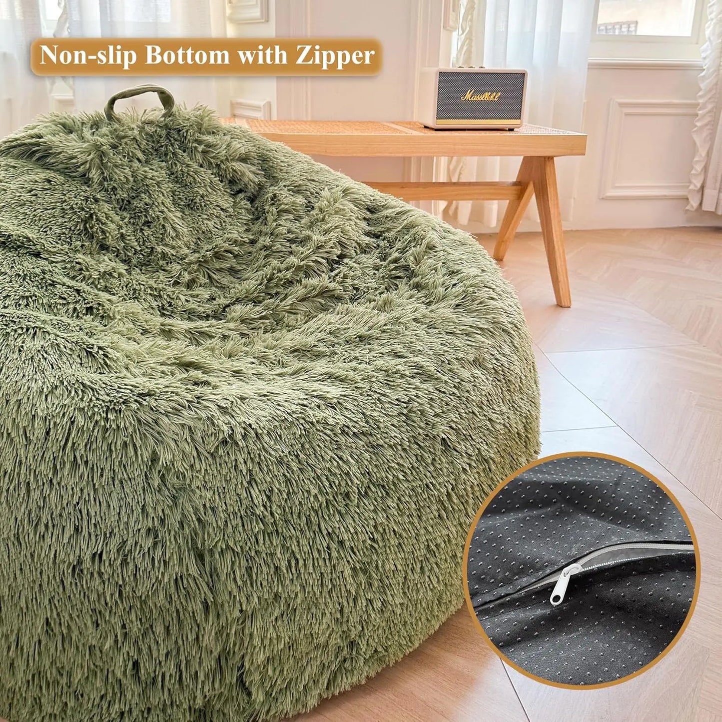 A large green Faux Fur Comfy Bean Bag Cover serves as a plush seat in a sunlit room with a wooden table and speaker. An inset highlights the covers non-slip bottom and zipper for convenience.