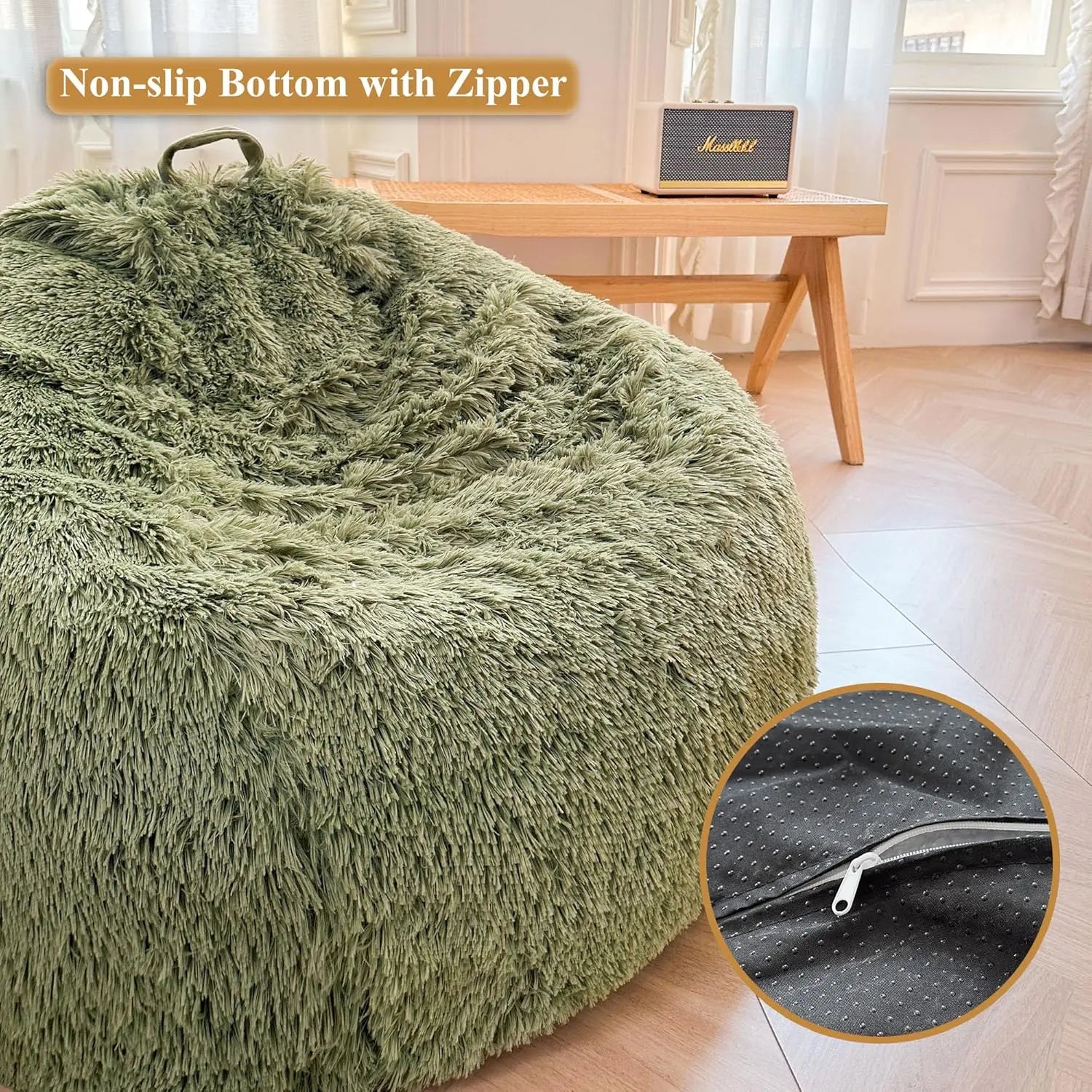 A large green Faux Fur Comfy Bean Bag Cover serves as a plush seat in a sunlit room with a wooden table and speaker. An inset highlights the covers non-slip bottom and zipper for convenience.