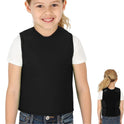 A smiling light-skinned child with blonde hair tied back wears a black Sensory Compression Vest for Kids over a white t-shirt, with an inset showing the vest’s back and straps. The vest is soft, breathable, and designed for children with autism or hyperactivity.