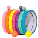 Five Sticky Toys For Kids Multifunctional Sticky Ball Tapes (pink, orange, yellow, purple, blue) line up vertically with matching balls—perfect sensory fidget toys for stress relief and fun crafting. Shown on a plain white background.