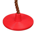 A close-up shows the Kids Tree Swing Chair Outdoor Disc Swing—a durable red hanging seat with a textured surface and thick braided rope, ideal for garden or backyard fun for children of all sizes.