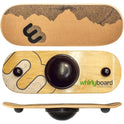 Three views of the Wide Standing Desk Balance Board for Anti Fatigue Comfort: top with cork and black design, bottom with large black spherical balance point and side stoppers, and a side profile showing its curved shape.