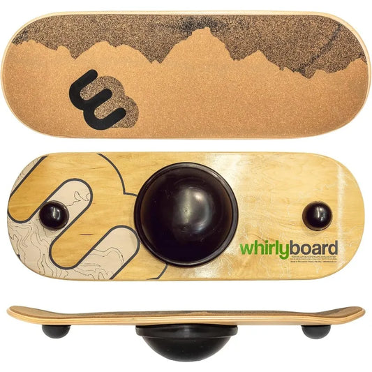Three views of the Wide Standing Desk Balance Board for Anti Fatigue Comfort: top with cork and black design, bottom with large black spherical balance point and side stoppers, and a side profile showing its curved shape.
