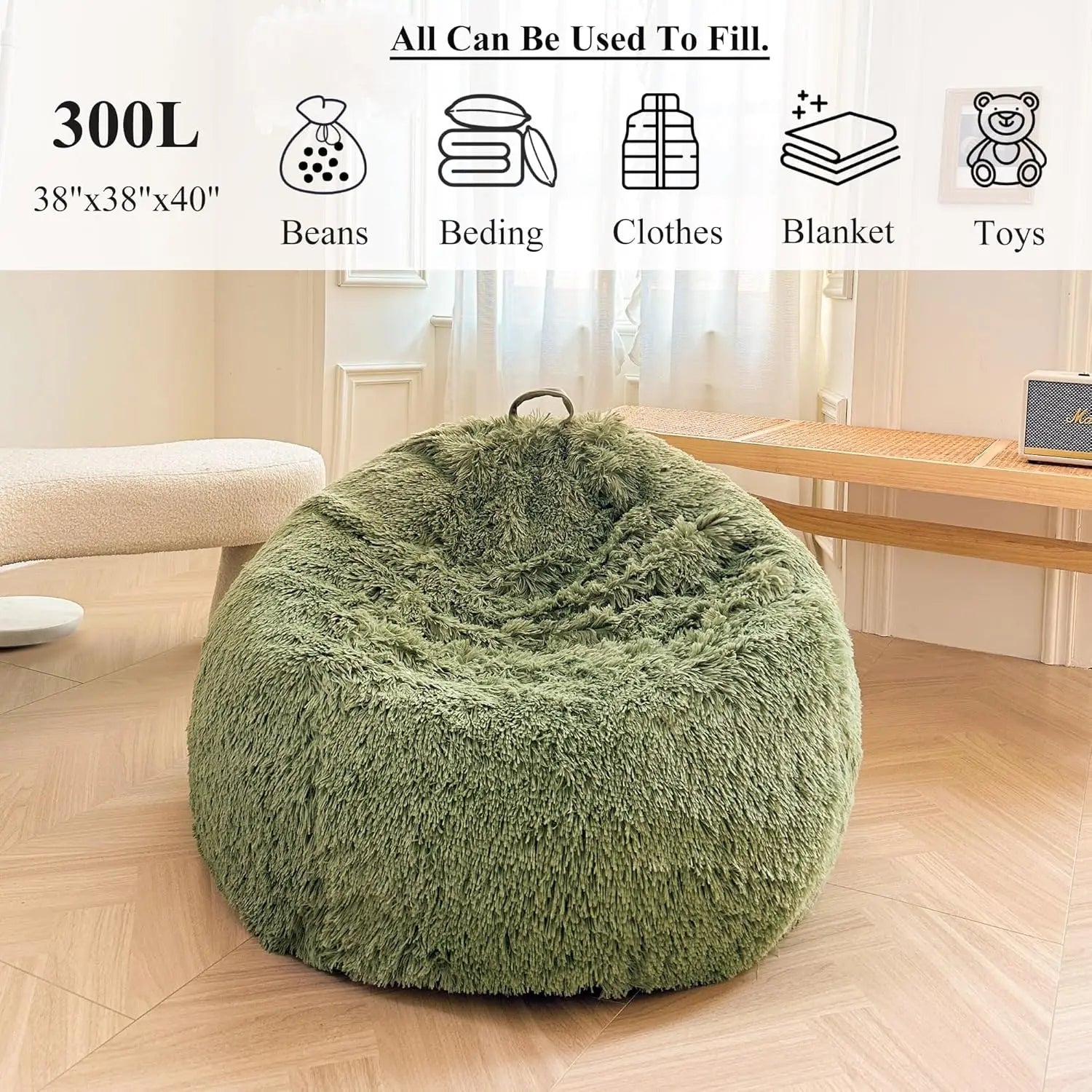 A spacious green Faux Fur Comfy Bean Bag Cover No Filler Storage Chair is in a bright, modern room with wood floors. Icons show it stores beans, bedding, clothes, blankets, or toys. Size: 38x38x40 inches; capacity: 300L.