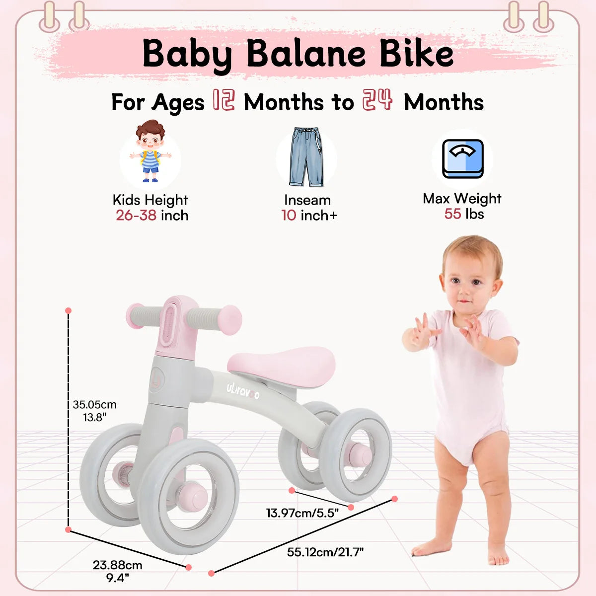 A baby in a pink onesie stands by the Sliding Balance Bike with 3 Mode Headlight and 4 Silent Wheels. This ride-on toy suits ages 12-24 months, aids gross motor skills for kids 26-38 tall (max 55 lbs); bike dimensions included.