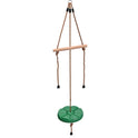 The Disc Swing Gym Monkey Bars Tree Swing Set For Indoor And Outdoor Fun features a green flower-shaped seat, sturdy brown ropes, and a wooden handlebar—ideal as a tree swing or for climbing with monkey bars for added backyard excitement.