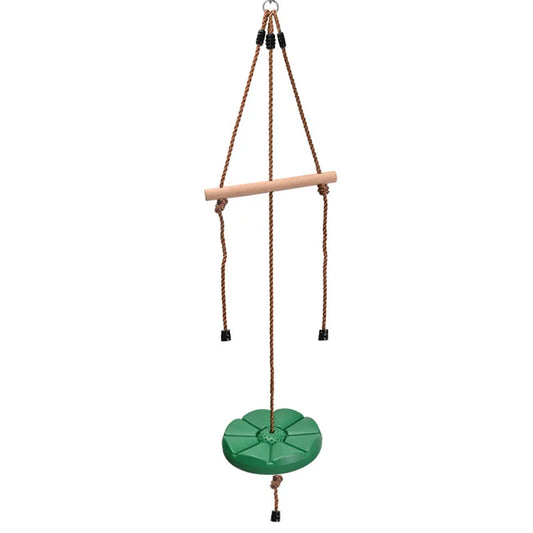The Disc Swing Gym Monkey Bars Tree Swing Set For Indoor And Outdoor Fun features a green flower-shaped seat, sturdy brown ropes, and a wooden handlebar—ideal as a tree swing or for climbing with monkey bars for added backyard excitement.
