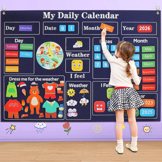 A young girl updates the date on the My Daily Calendar Farm Transportation Felt Story Board, a Montessori toy in calendar color. This interactive preschool tool uses Velcro pieces to teach days, months, weather, and feelings.