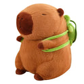 The Cute Turtle Backpack Capibara Strawberry Hat Capybara Plush Toy is a chocolate-colored, soft stuffed animal with closed eyes, small round ears, a green backpack, and a calm expression—perfect as a cozy birthday gift or decor.