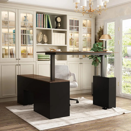 A home office featuring the walnut/black L Shaped Electric Standing Desk with drawers and shelves, a light gray chair, large bookshelf with glass doors, decorative accents, chandelier, potted plant, and abundant natural light from French doors.